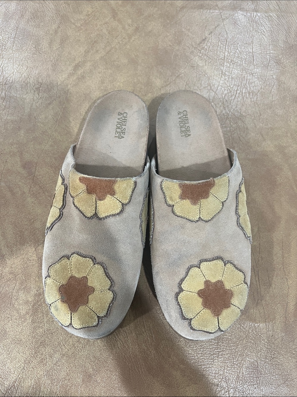 Chelsea & Violet Beige Suede Floral Appliqué Slip-On Clogs